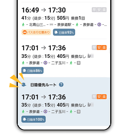 auナビウォーク - 日差しを避けるルート案内